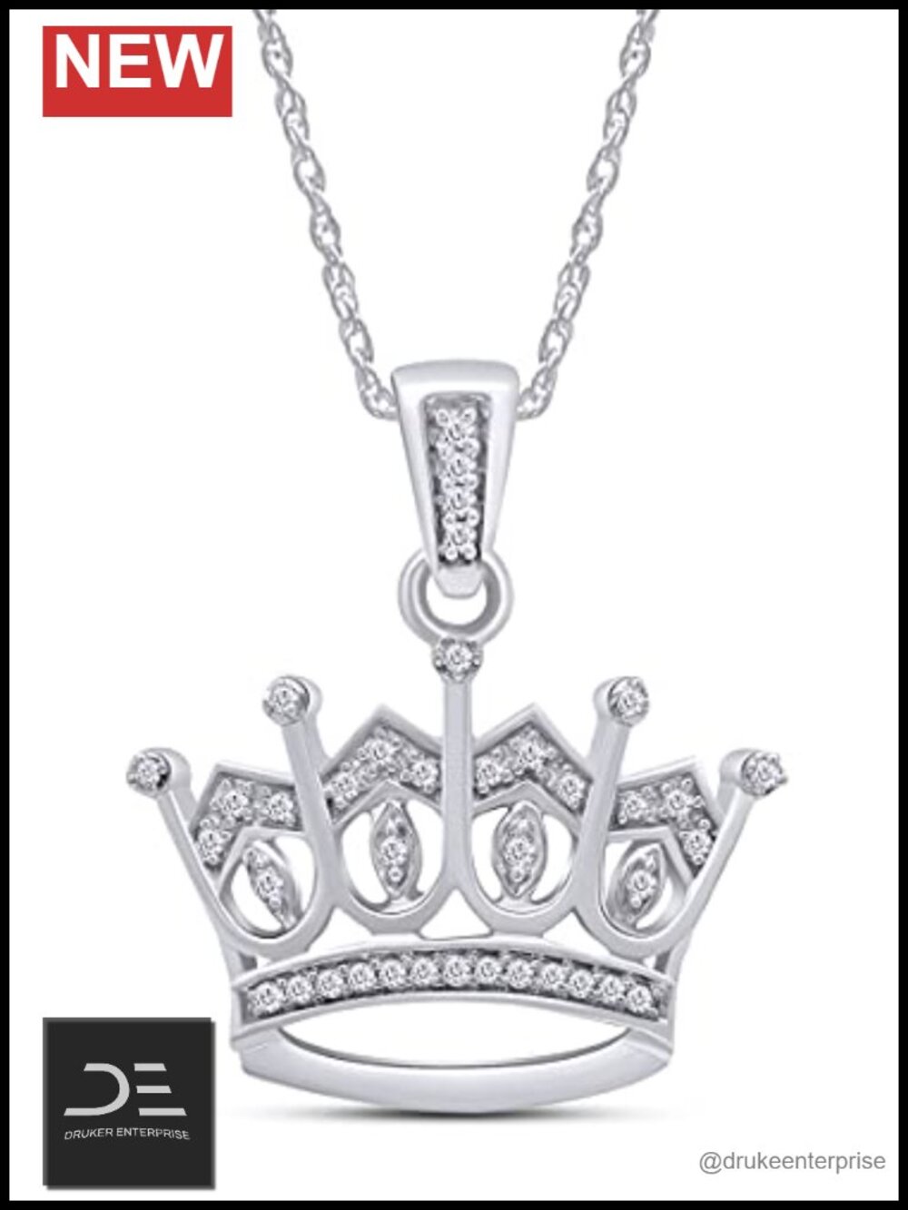 Sterling Silver White Gold Pendant Necklace Crown Round Natural Diamond CLARITY